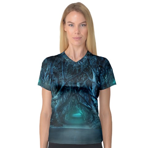 Trees Road Moonlight Avenue V-neck Sport Mesh Tee by Nexatart