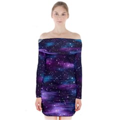 Background Space Planet Explosion Long Sleeve Off Shoulder Dress by Nexatart