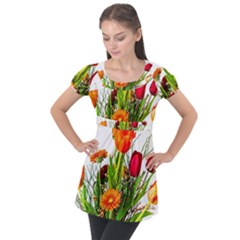 Tulip Gerbera Composites Broom Puff Sleeve Tunic Top by Pakrebo