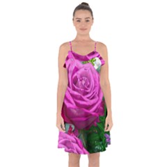 Rose Pink Purple Flower Bouquet Ruffle Detail Chiffon Dress