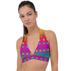 Roses In  Stunning Rainbows Halter Plunge Bikini Top by pepitasart