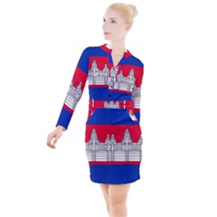 National Flag Of Cambodia Button Long Sleeve Dress