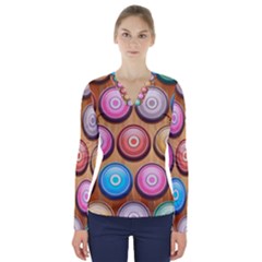 Background Colorful Abstract Brown V-Neck Long Sleeve Top