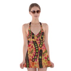 Abstract Background Digital Green Halter Dress Swimsuit 