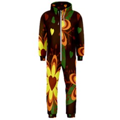 Floral Hearts Brown Green Retro Hooded Jumpsuit (men) 