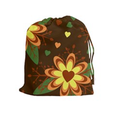 Floral Hearts Brown Green Retro Drawstring Pouch (xl) by HermanTelo