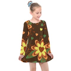 Floral Hearts Brown Green Retro Kids  Long Sleeve Dress