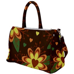 Floral Hearts Brown Green Retro Duffel Travel Bag