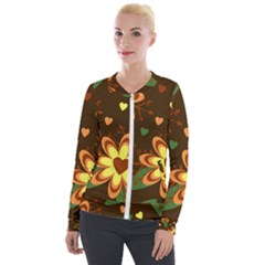 Floral Hearts Brown Green Retro Velour Zip Up Jacket
