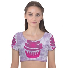 Cupcake Food Purple Dessert Baked Velvet Short Sleeve Crop Top 