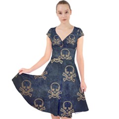 Golden Glitter Skeleton Gothic Cap Sleeve Front Wrap Midi Dress