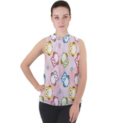 Owl Bird Cute Pattern Background Mock Neck Chiffon Sleeveless Top