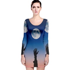 Moon Sky Blue Hand Arm Night Long Sleeve Velvet Bodycon Dress