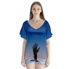 Moon Sky Blue Hand Arm Night V-neck Flutter Sleeve Top by HermanTelo