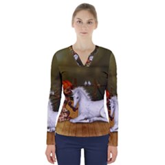 Cute Fairy With Unicorn Foal V-neck Long Sleeve Top by FantasyWorld7