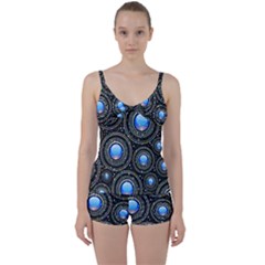 Abstract Glossy Blue Tie Front Two Piece Tankini