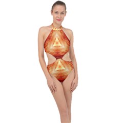 Abstract Orange Triangle Halter Side Cut Swimsuit