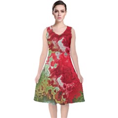 Abstract Stain Red Seamless V-neck Midi Sleeveless Dress 