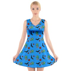 Halloween Witch Pattern Blue V-neck Sleeveless Dress by snowwhitegirl