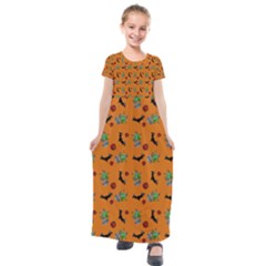 Halloween Witch Pattern Orange Kids  Short Sleeve Maxi Dress by snowwhitegirl