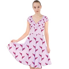 Pink Parrot Pattern Cap Sleeve Front Wrap Midi Dress