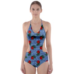 Blue Denim And Roses Cut-out One Piece Swimsuit