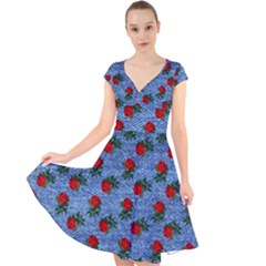 Blue Denim And Roses Cap Sleeve Front Wrap Midi Dress by snowwhitegirl