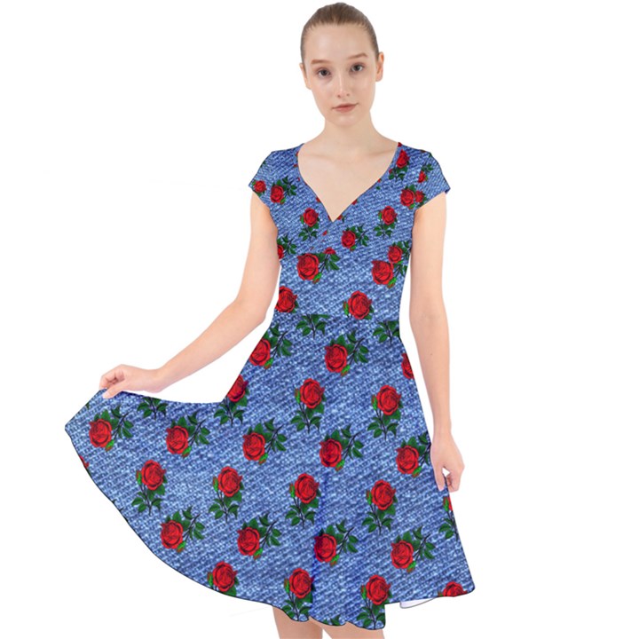 Blue Denim And Roses Cap Sleeve Front Wrap Midi Dress