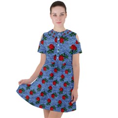 Blue Denim And Roses Short Sleeve Shoulder Cut Out Dress 