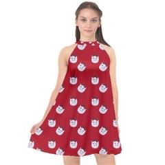 Lazy Bat One Red Pattern Halter Neckline Chiffon Dress 