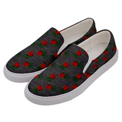 Black Denim And Roses Men s Canvas Slip Ons by snowwhitegirl