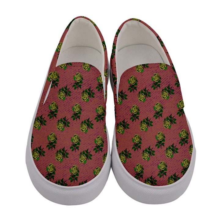 Pink Denim And Roses Women s Canvas Slip Ons