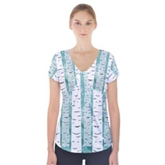 Birch Tree Background Snow Short Sleeve Front Detail Top
