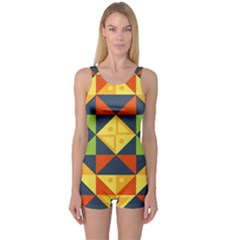 Background Geometric Color Plaid One Piece Boyleg Swimsuit