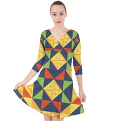 Background Geometric Color Plaid Quarter Sleeve Front Wrap Dress