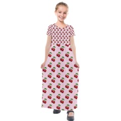 Retro Pink Cherries Kids  Short Sleeve Maxi Dress