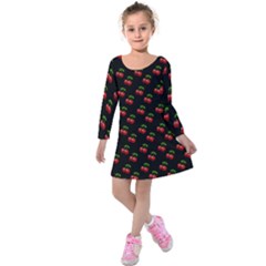 Retro Black Cherries Kids  Long Sleeve Velvet Dress