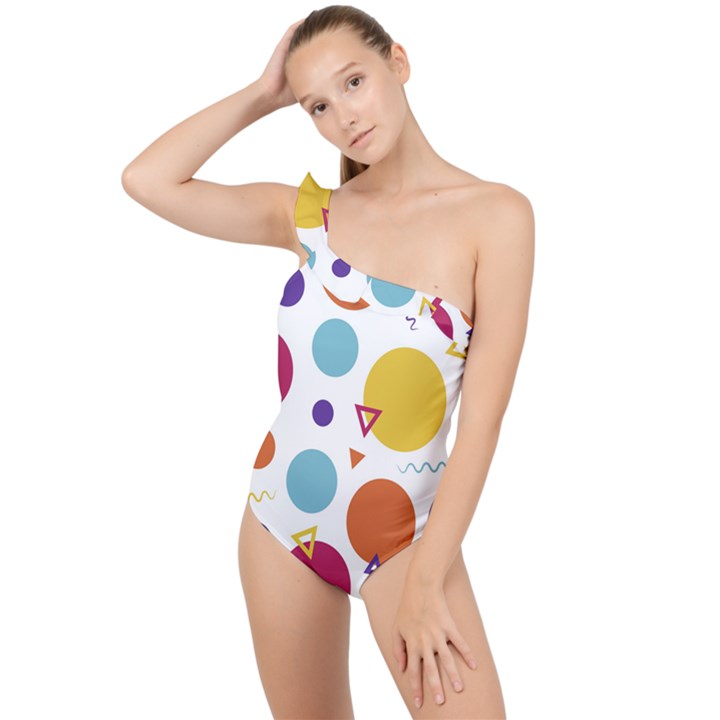 Background Polka Dot Frilly One Shoulder Swimsuit