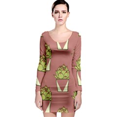 Cactus Pattern Background Texture Long Sleeve Bodycon Dress
