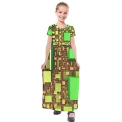 Blocks Cubes Green Kids  Short Sleeve Maxi Dress