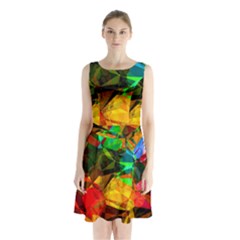 Color Abstract Polygon Sleeveless Waist Tie Chiffon Dress by HermanTelo