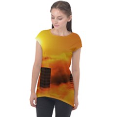 City Sun Clouds Smog Sky Yellow Cap Sleeve High Low Top