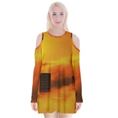 City Sun Clouds Smog Sky Yellow Velvet Long Sleeve Shoulder Cutout Dress by HermanTelo