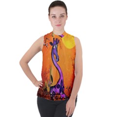 Funny Giraffe In The Night Mock Neck Chiffon Sleeveless Top by FantasyWorld7