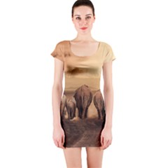 Elephant Dust Road Africa Savannah Short Sleeve Bodycon Dress