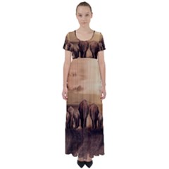 Elephant Dust Road Africa Savannah High Waist Short Sleeve Maxi Dress