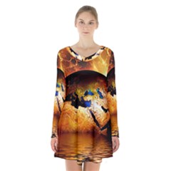 Earth Globe Water Fire Flame Long Sleeve Velvet V-neck Dress by HermanTelo