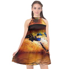 Earth Globe Water Fire Flame Halter Neckline Chiffon Dress  by HermanTelo