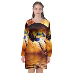 Earth Globe Water Fire Flame Long Sleeve Chiffon Shift Dress  by HermanTelo