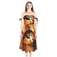 Earth Globe Water Fire Flame Shoulder Tie Bardot Midi Dress by HermanTelo